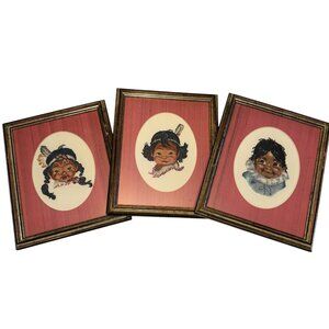 3 Vintage framed Cross Stitch Native Indigenous Children Handmade Wall Decor